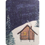 Boomstamhuisje in de sneeuw